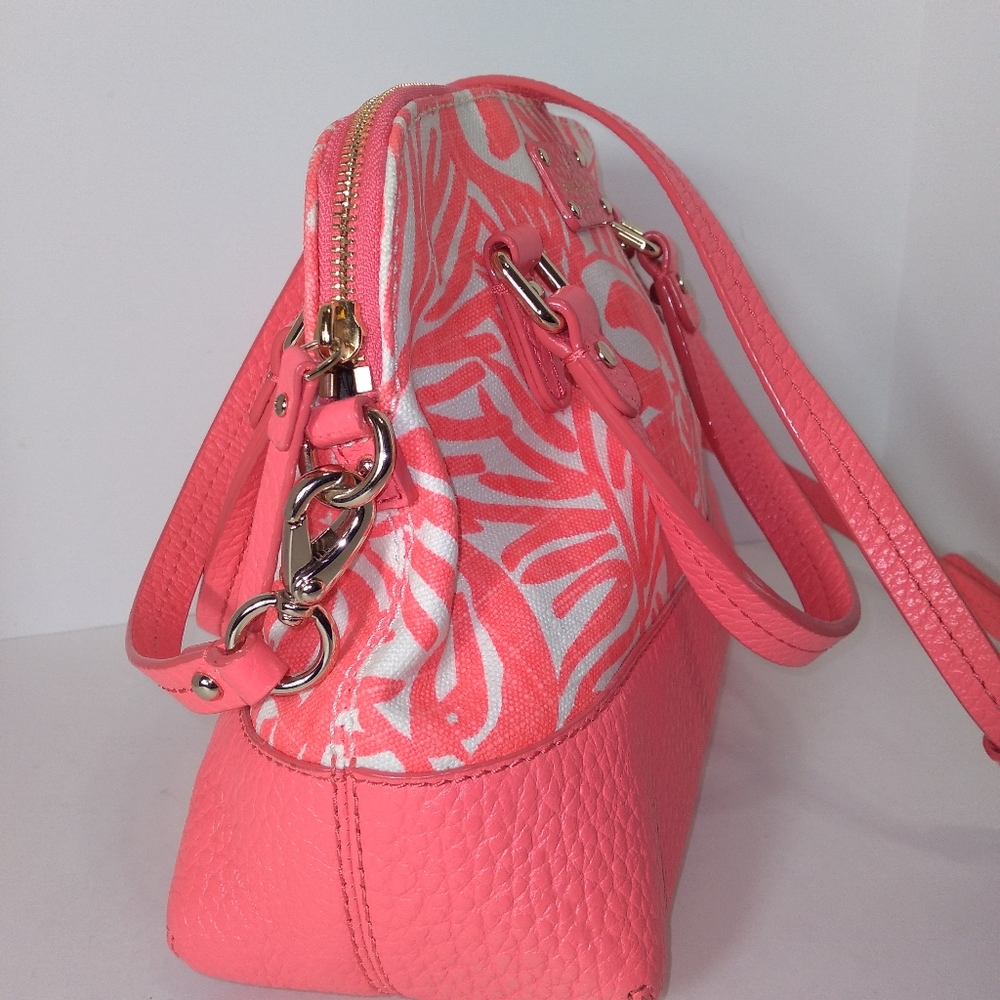 RARE Kate Spade Genuine Leather Pink & White Canvas Palm Tree Satchel Cr… - Picture 4 of 16